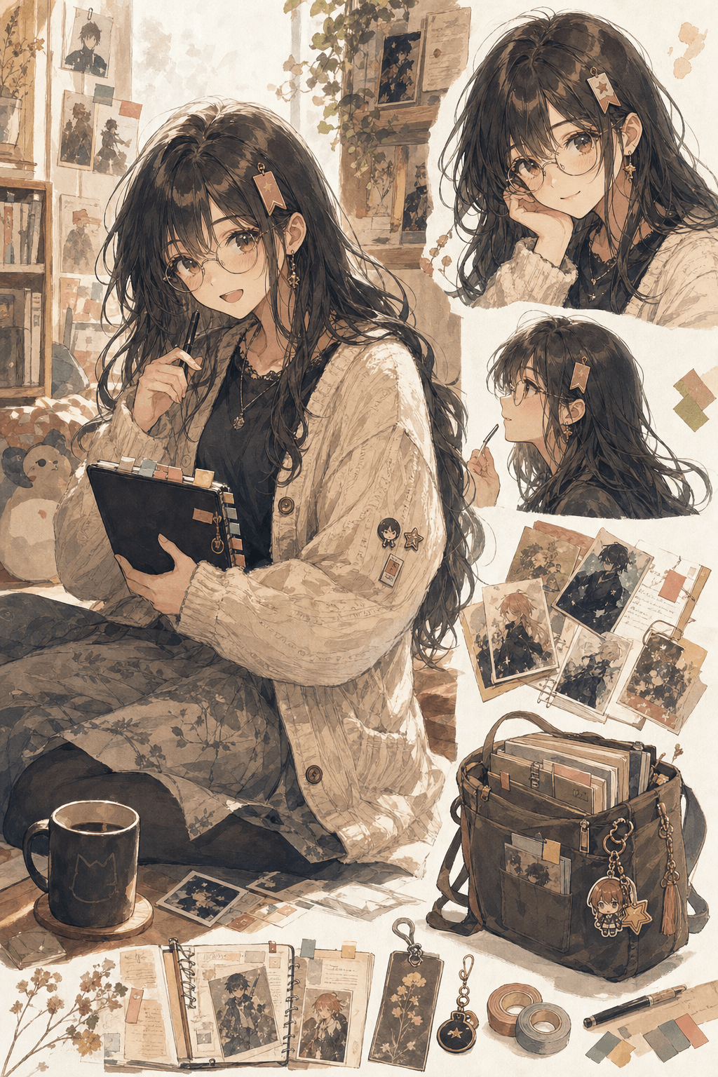 AnimeLore 档案员芽衣：佩戴圆框眼镜和星形书签发夹，手持档案本